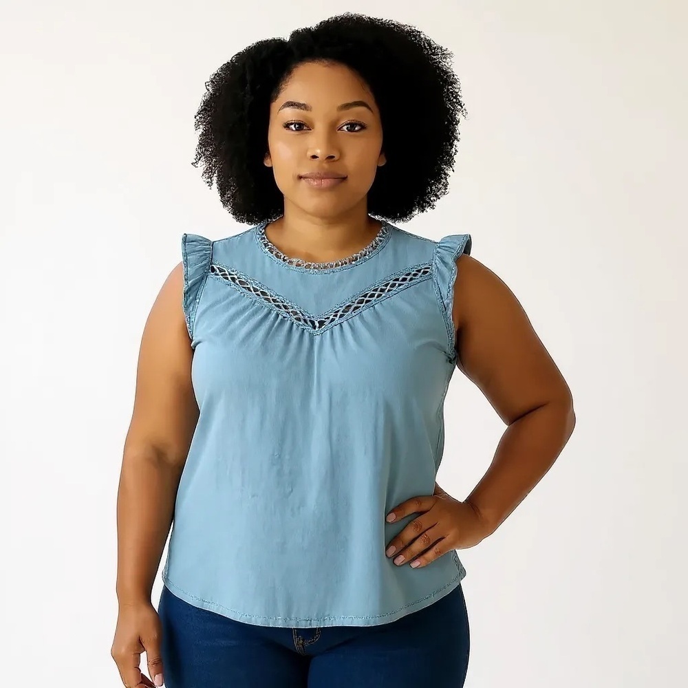 TORRID 0 0X XXL Blue Chambray Ruffle Sleeve Blouse Embroidered Detail R $49